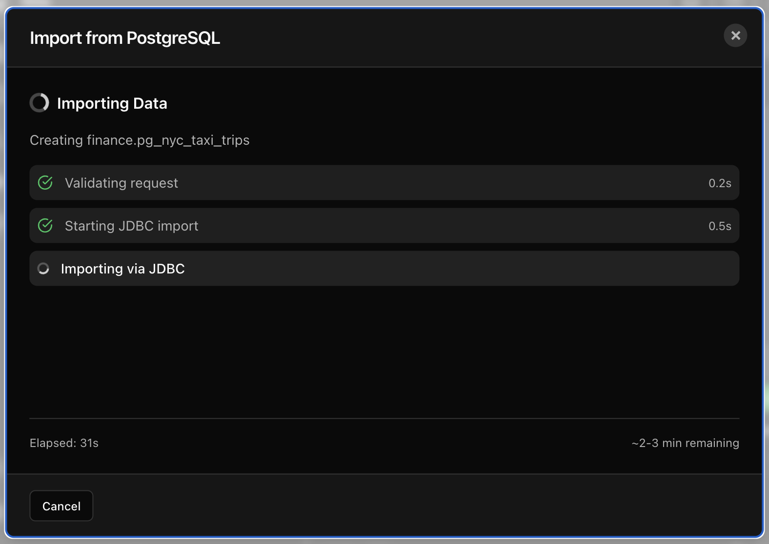 PostgreSQL import workflow progress
