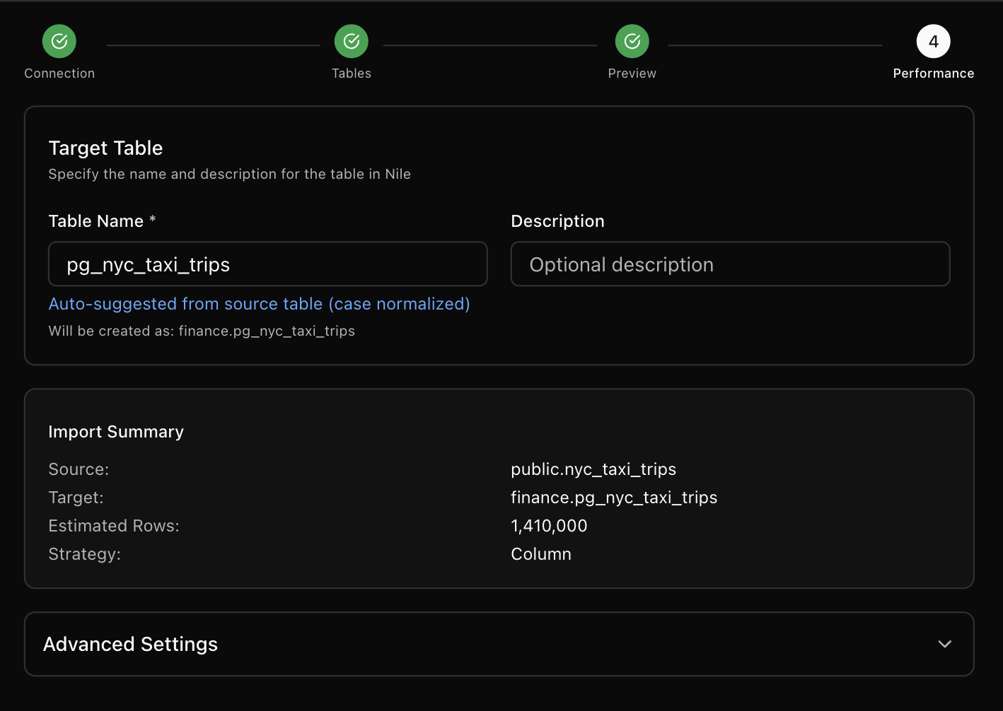 Target table settings and import summary