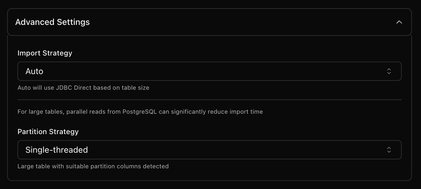 Advanced import settings for PostgreSQL