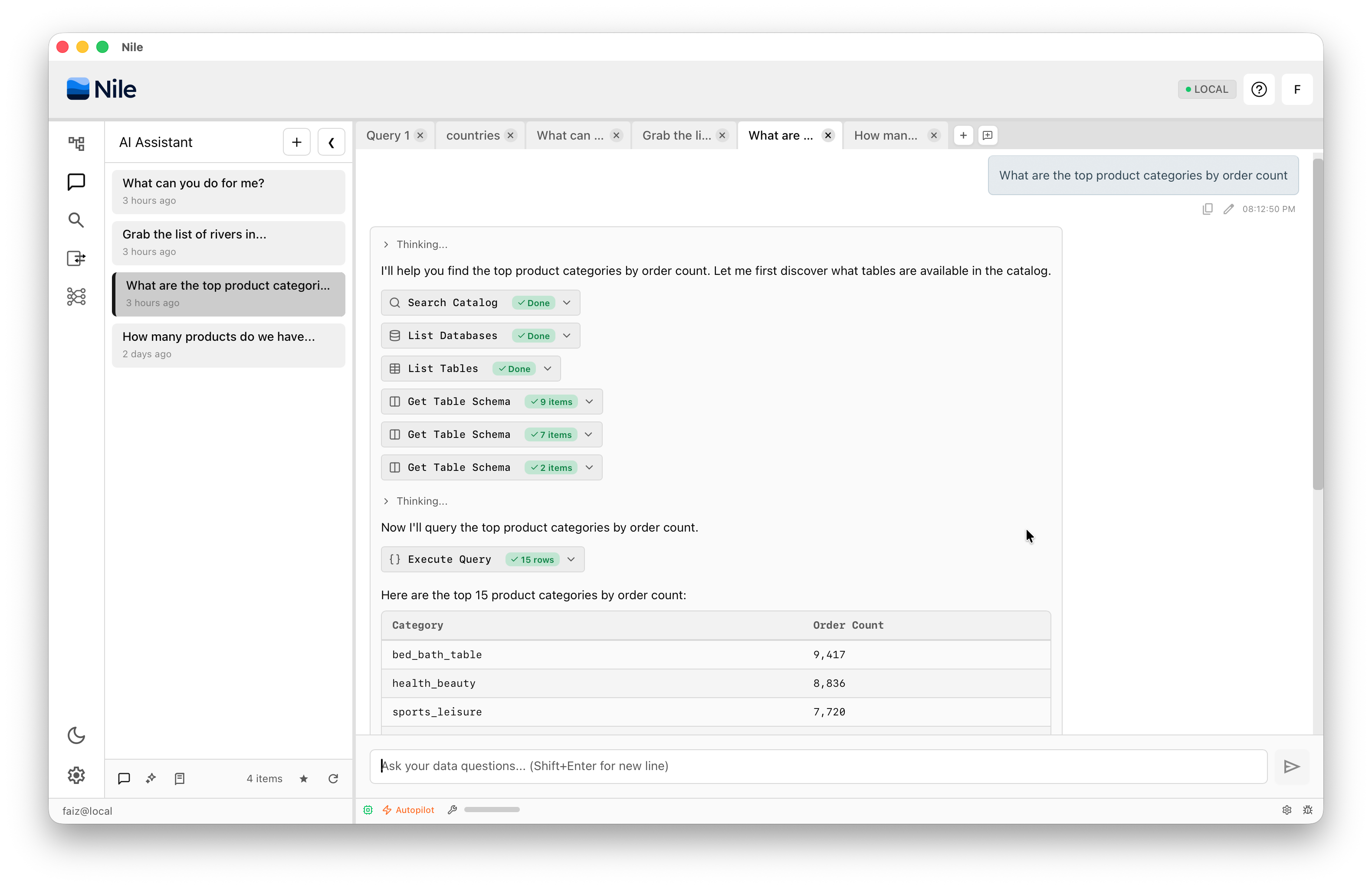 Nile Local — AI querying data and returning results
