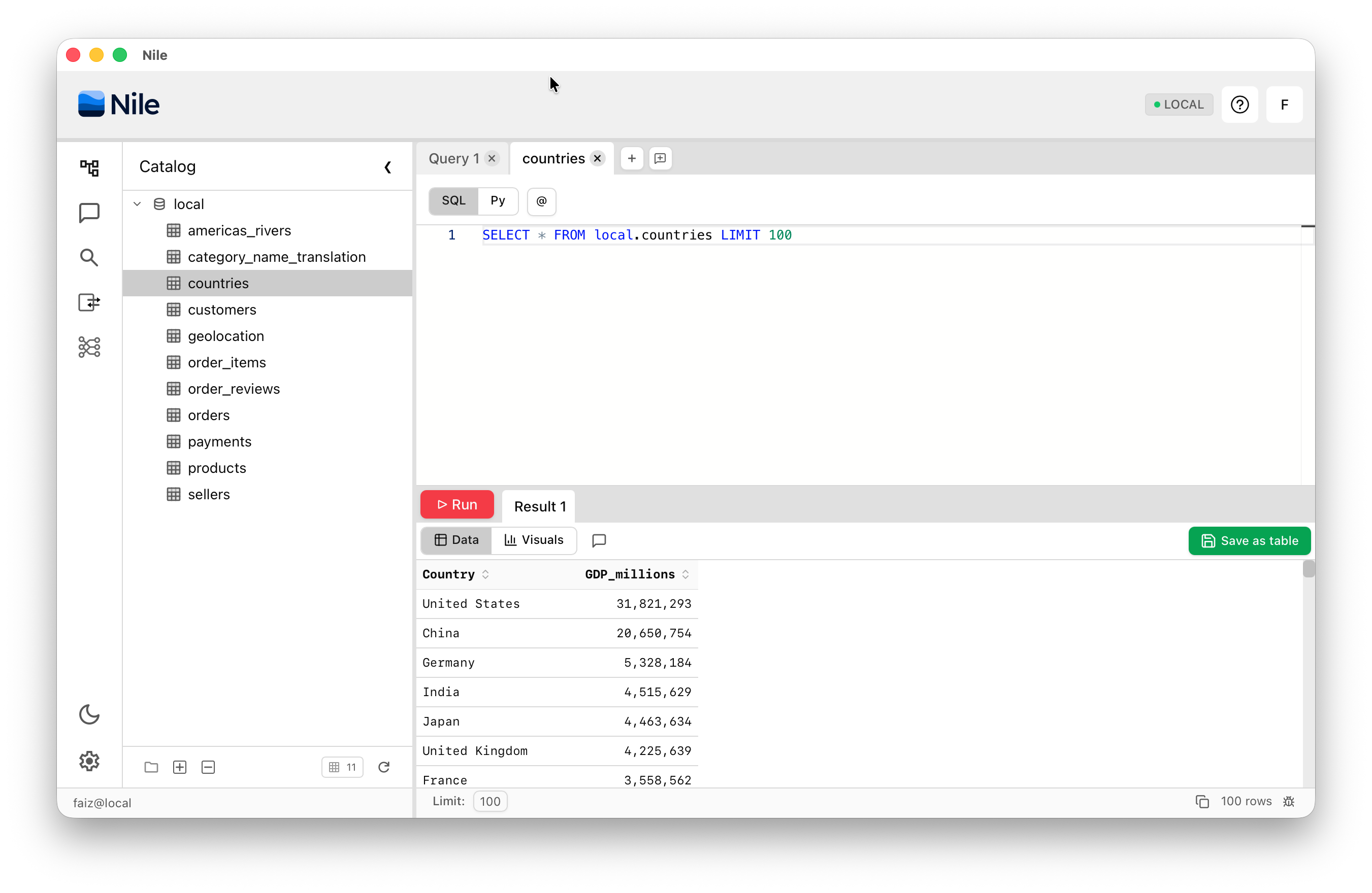 Nile Local — data catalog and query interface