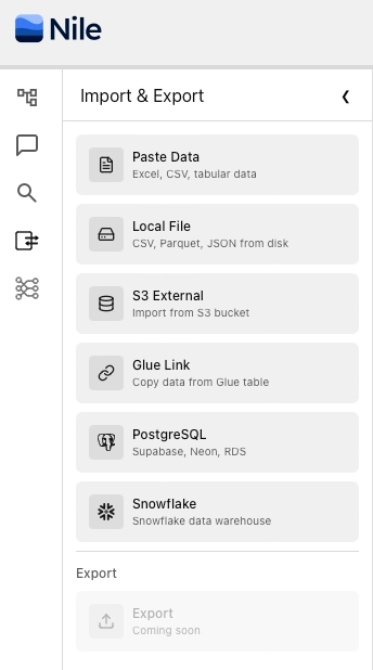 Nile Local — import and export sidebar